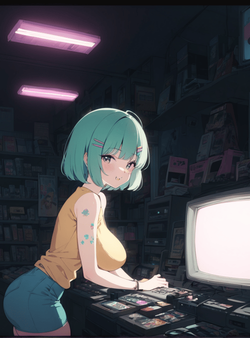 anime girl, retro tv, video games