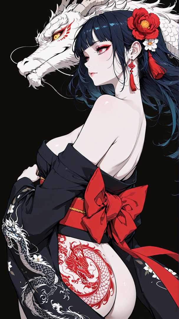 AI generated wallpaper featuring woman, dragon, koi