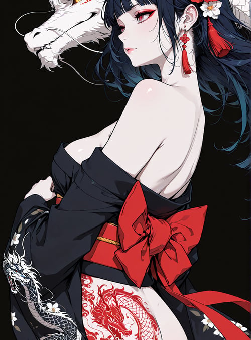 woman, dragon, koi