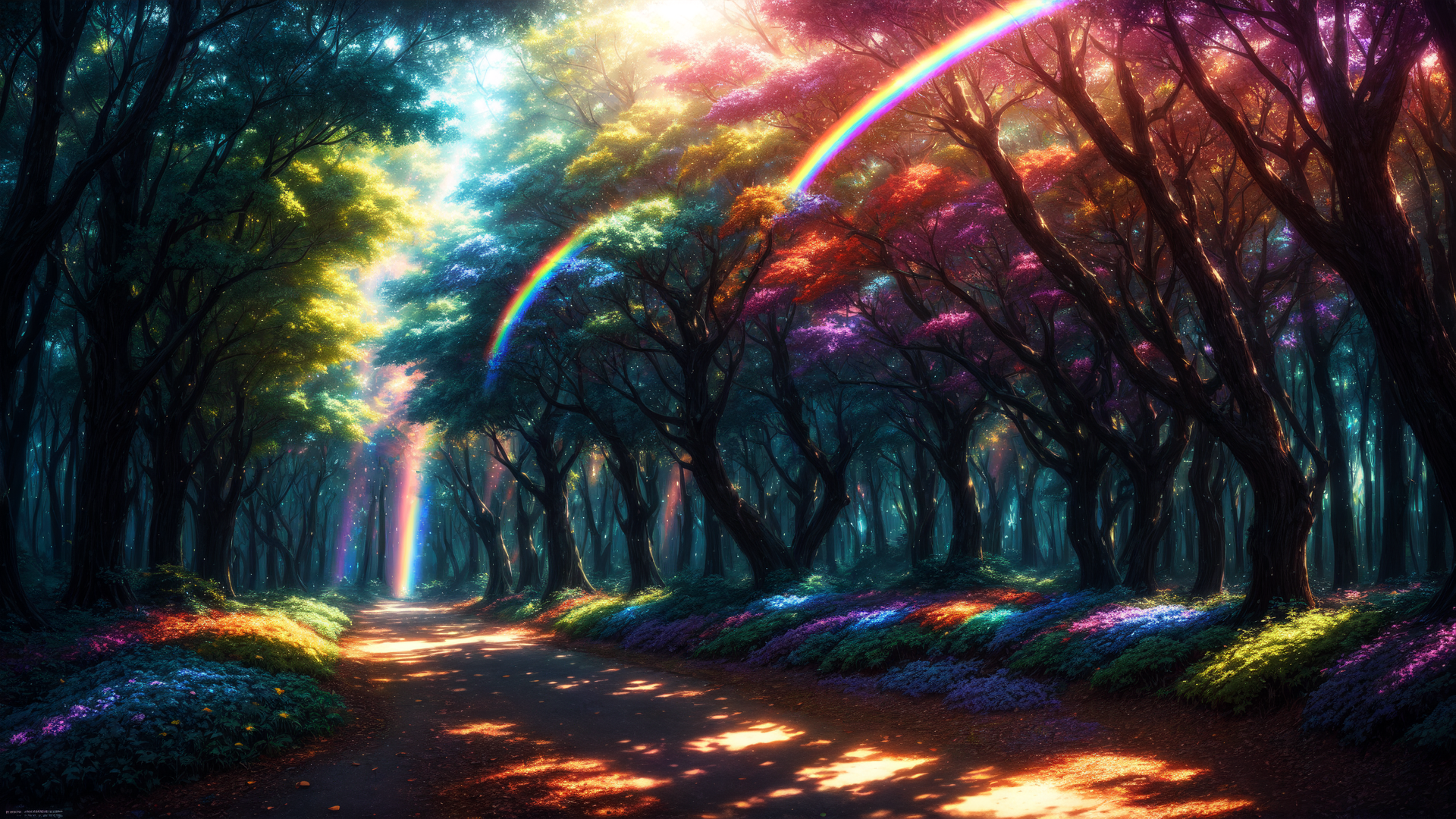 AI generated wallpaper featuring forest, path, rainbow