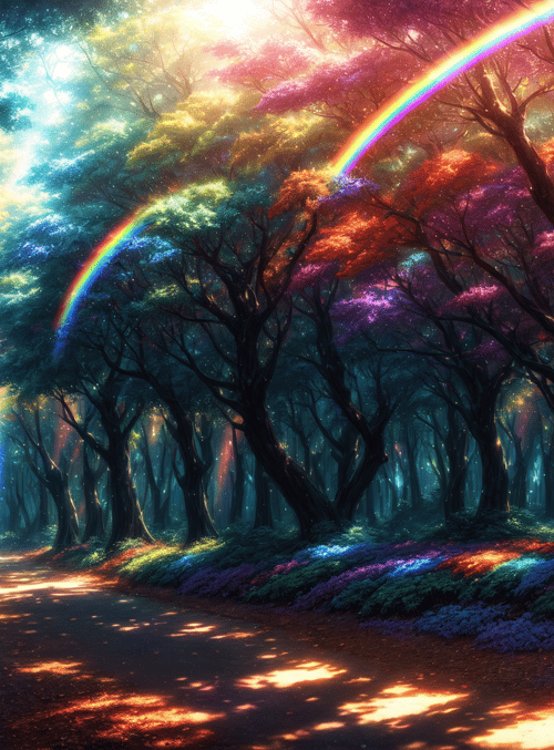 forest, path, rainbow
