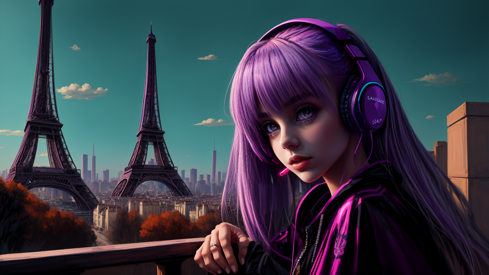 AI generated wallpaper featuring girl, eiffel tower, cityscape