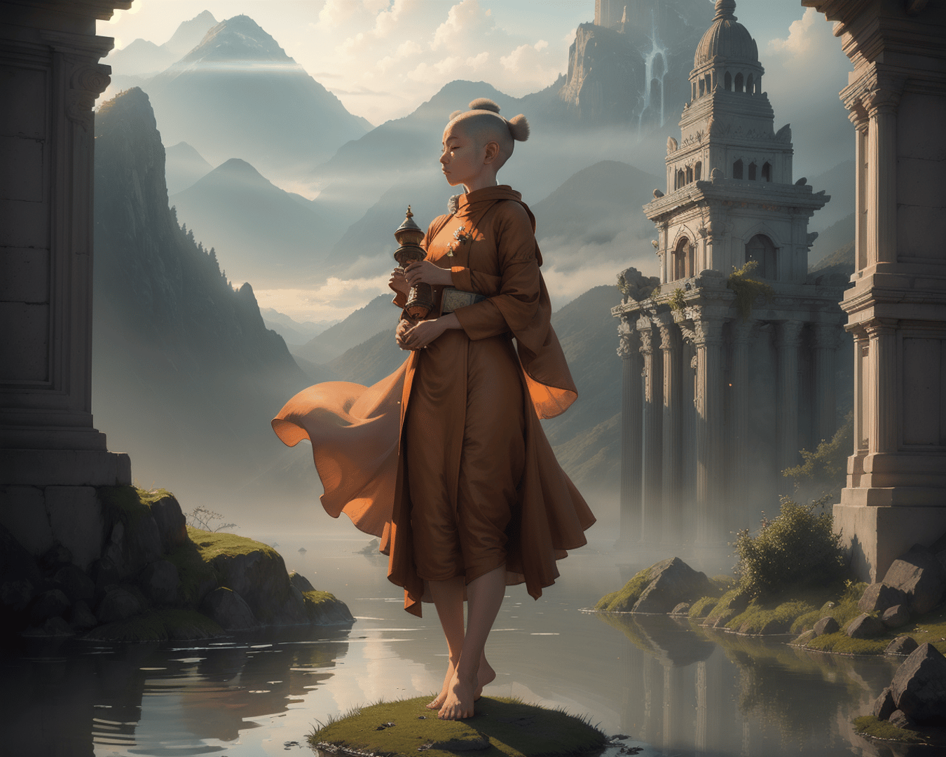 AI generated wallpaper featuring monk, ancient ruins, mountains