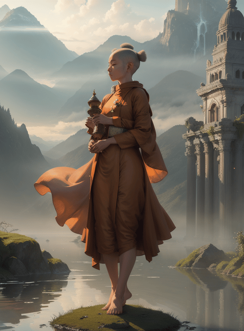 monk, ancient ruins, mountains