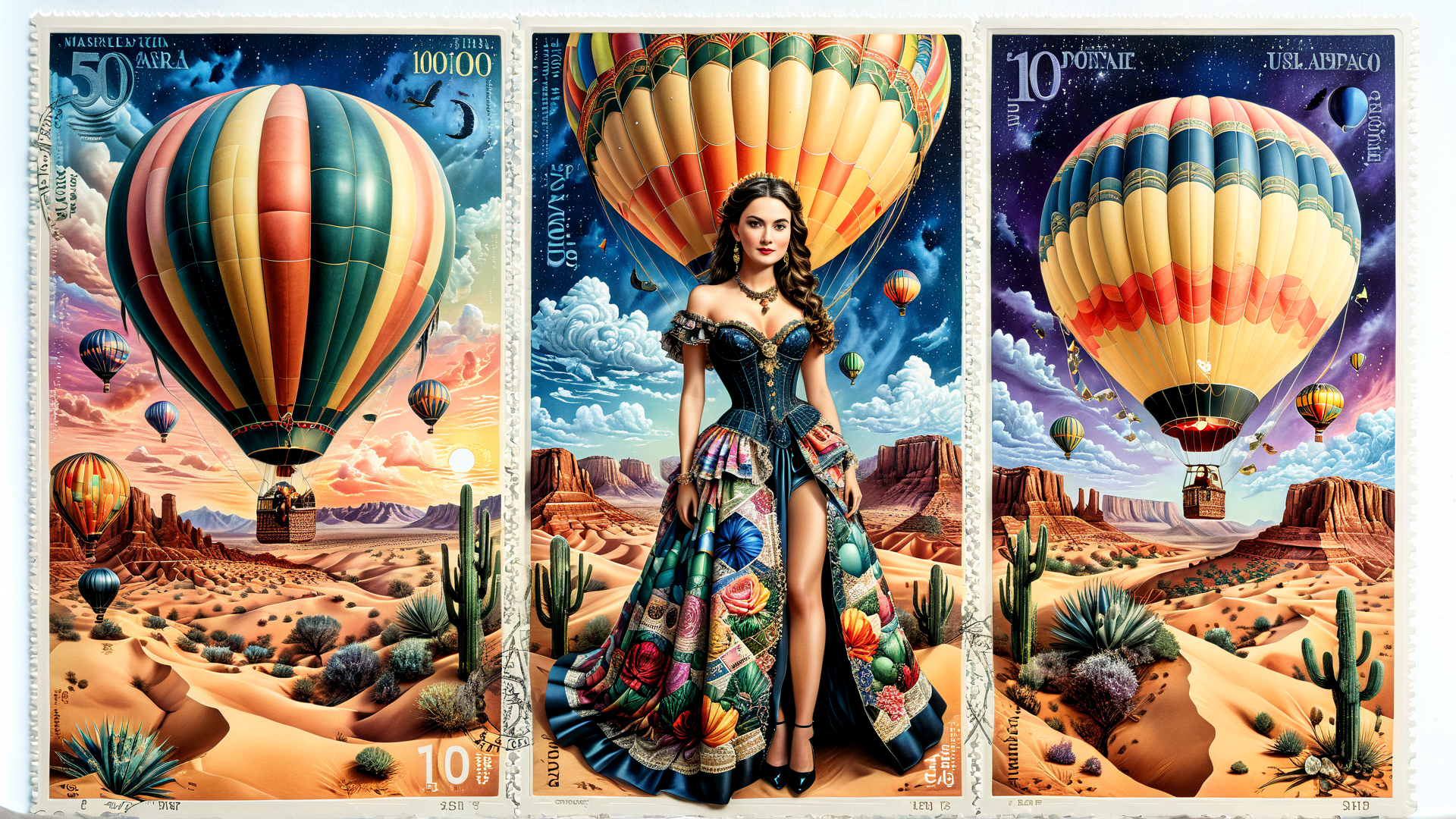 AI generated wallpaper featuring woman, hot air balloons, desert