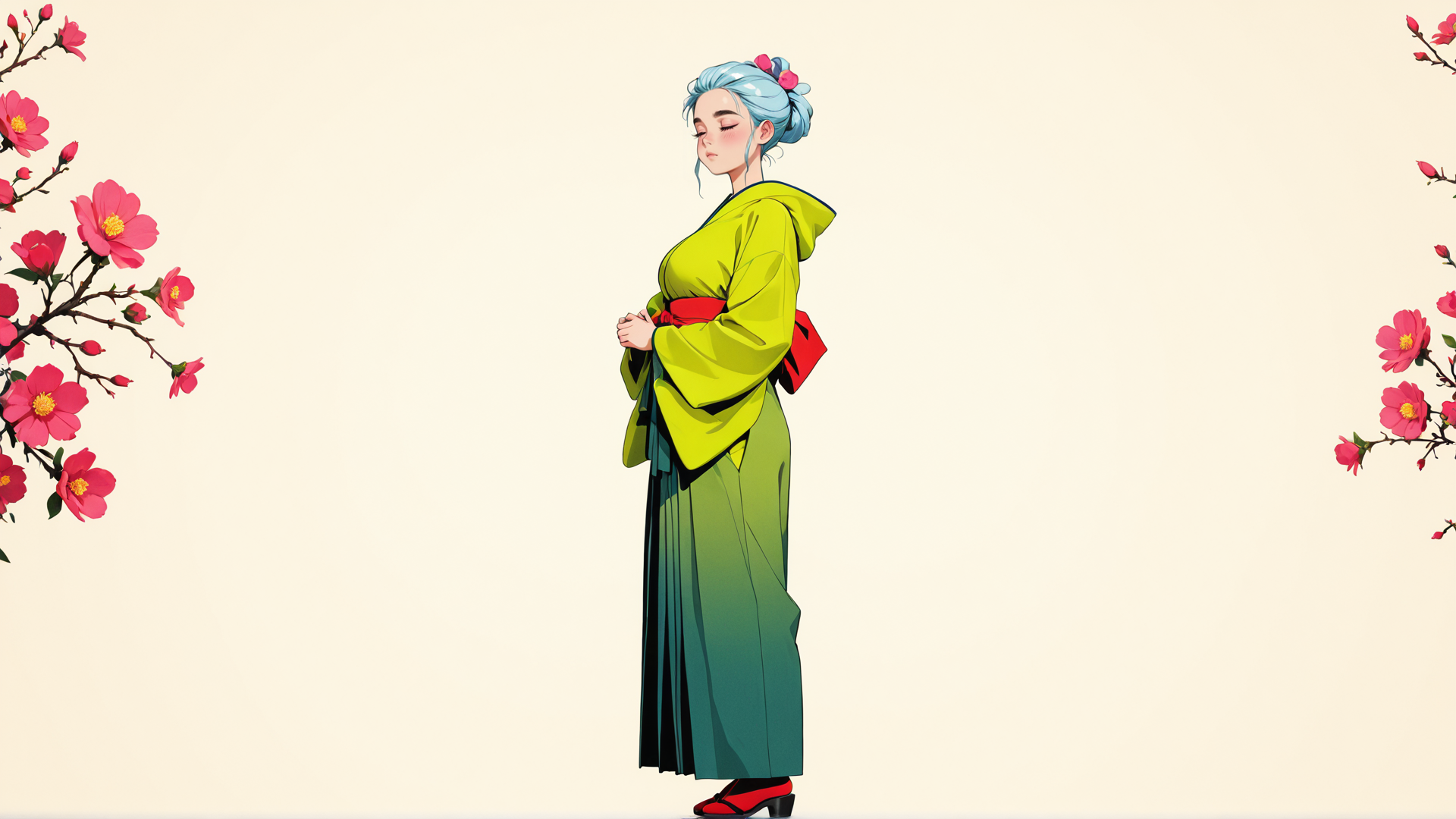 AI generated wallpaper featuring woman, kimono, flowers, hair