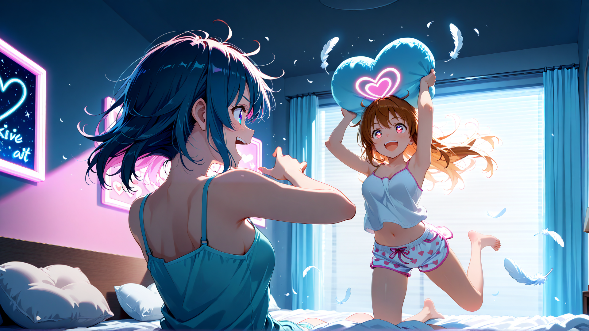 AI generated wallpaper featuring girls, pillow, bedroom