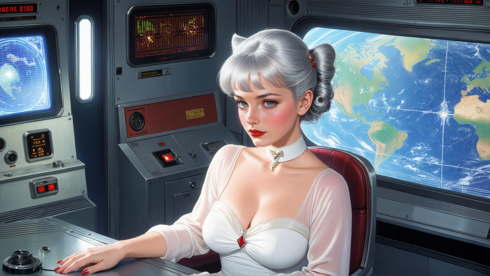 AI generated wallpaper featuring woman, spaceship, control panel