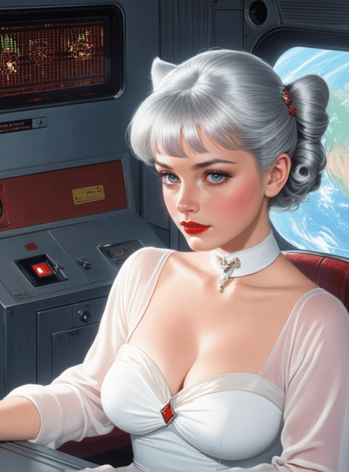woman, spaceship, control panel