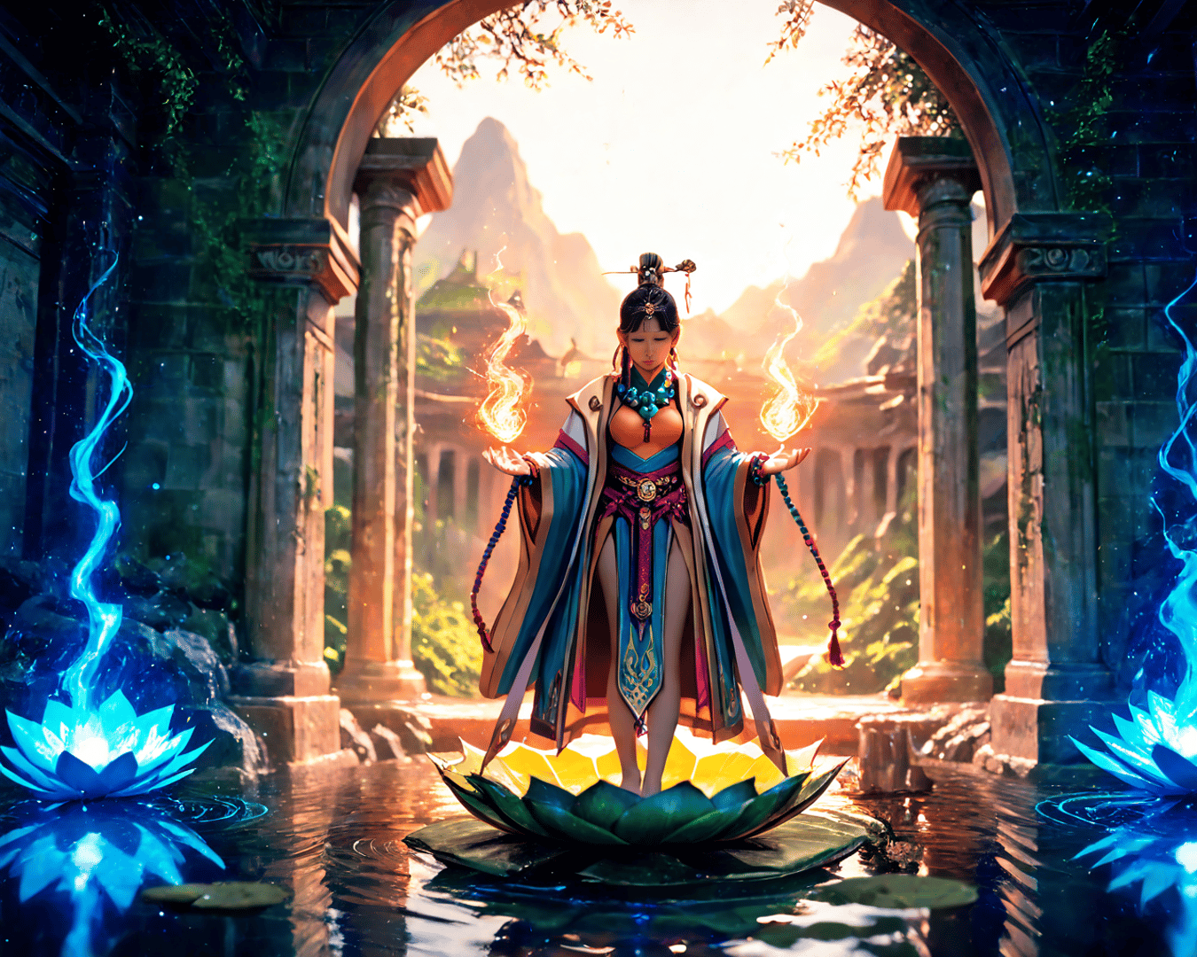 AI generated wallpaper featuring woman, lotus, fire