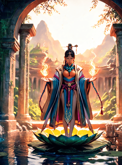 woman, lotus, fire