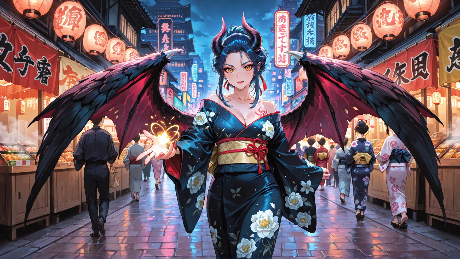 AI generated wallpaper featuring woman, angel, wings, kimono, lanterns, street, market, demons, flames, flowers