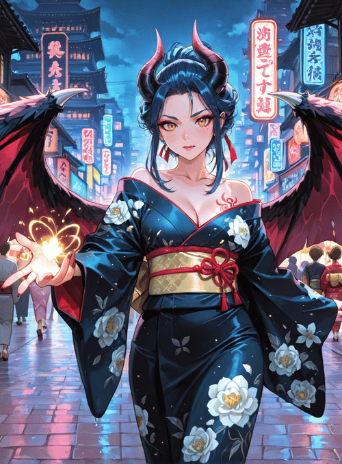 woman, angel, wings, kimono, lanterns, street, market, demons, flames, flowers