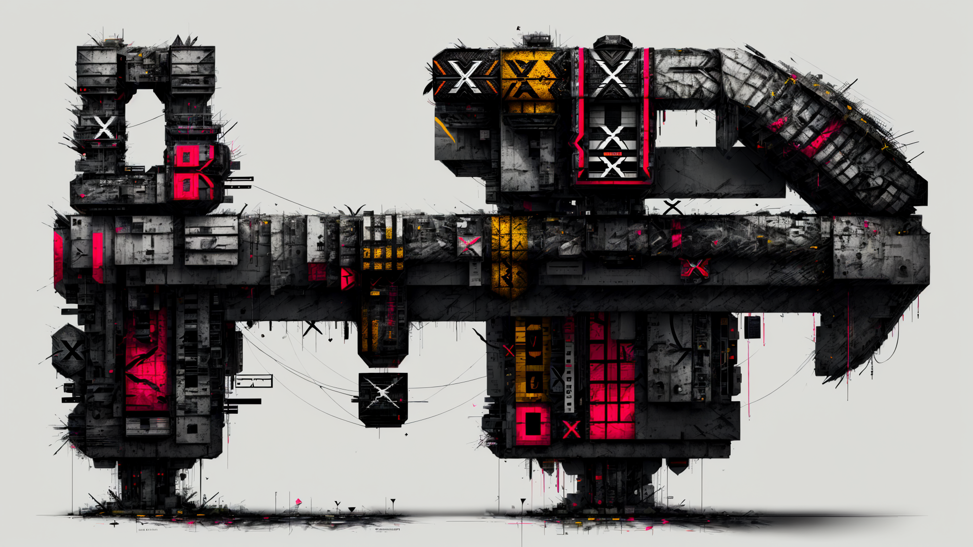 AI generated wallpaper featuring mechanical structure, urban ruin, futuristic building, industrial complex, abstract architecture
