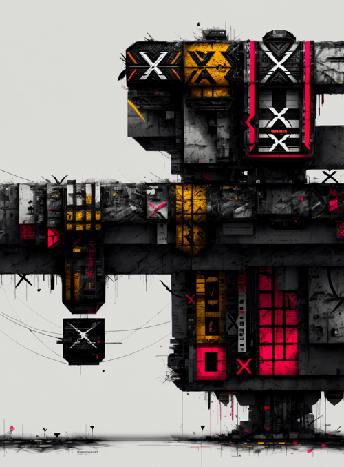 mechanical structure, urban ruin, futuristic building, industrial complex, abstract architecture