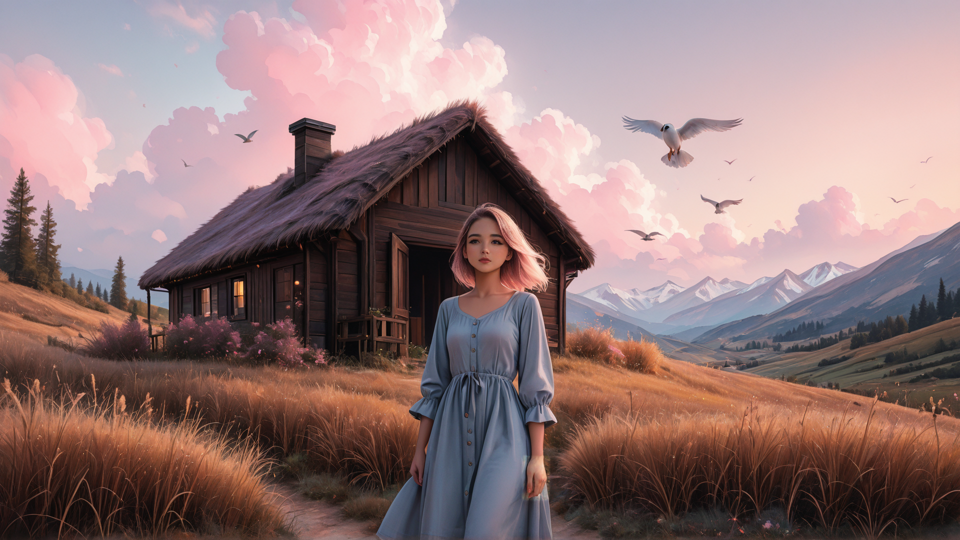 AI generated wallpaper featuring woman, house, birds