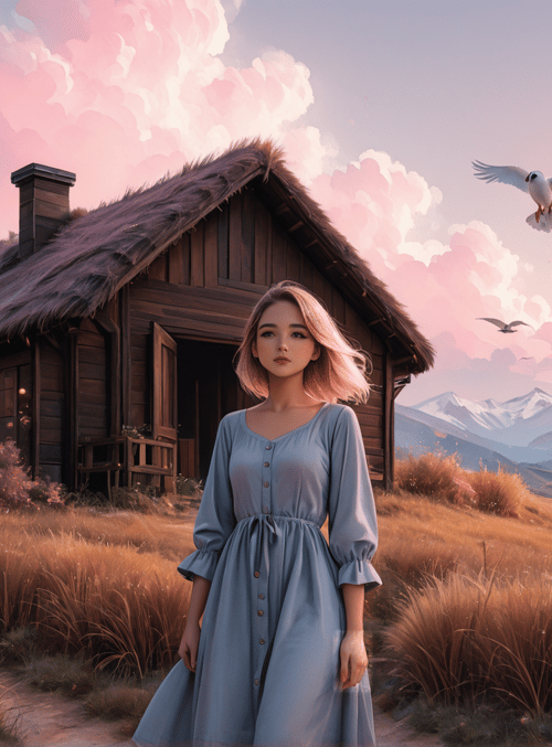 woman, house, birds