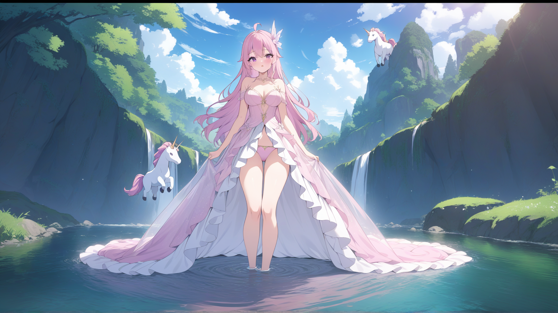 AI generated wallpaper featuring unicorn, girl, nature
