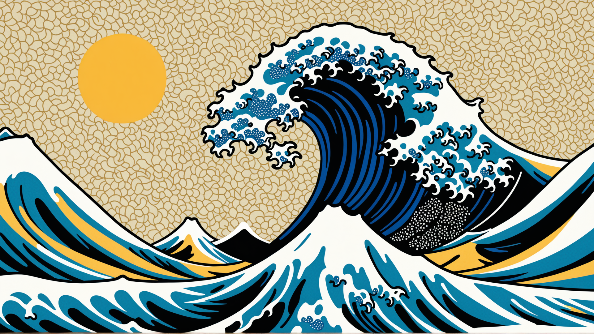 AI generated wallpaper featuring wave, sun, mountain
