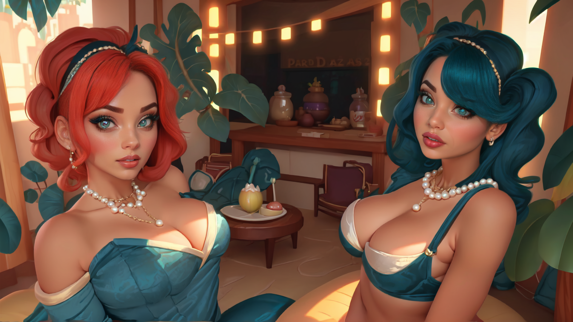 AI generated wallpaper featuring women, pearls, tropical