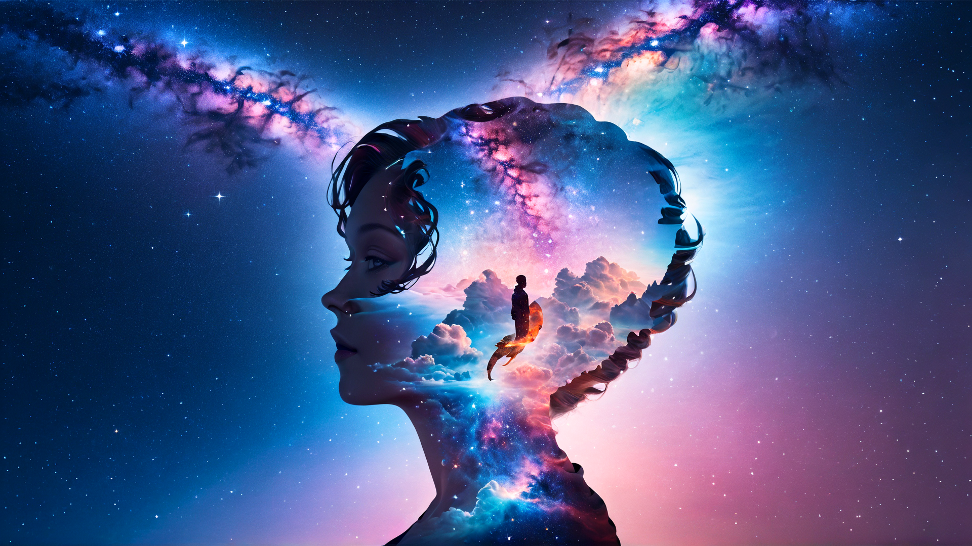 AI generated wallpaper featuring woman, galaxy, cloud, silhouette