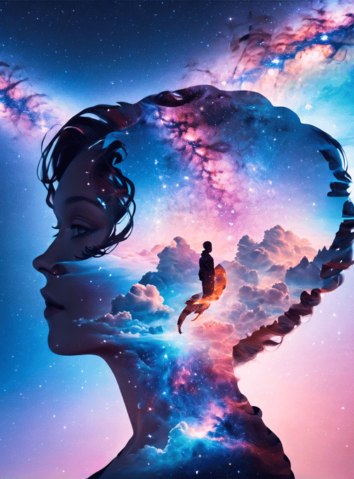 woman, galaxy, cloud, silhouette