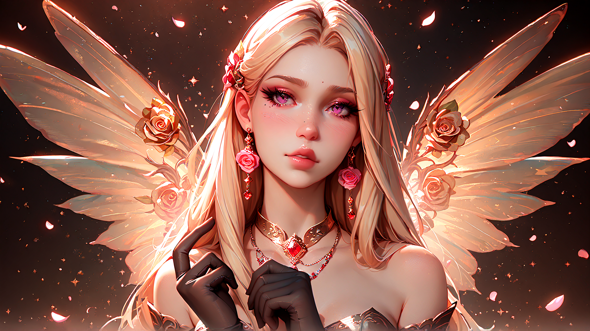 AI generated wallpaper featuring angel, fairy, woman, roses, wings, gloves, jewelry
