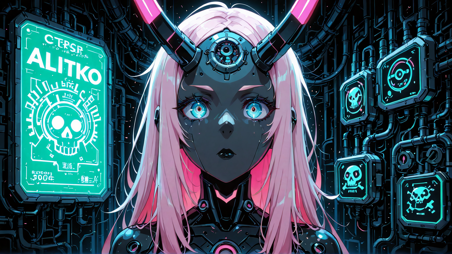 AI generated wallpaper featuring cyberpunk girl, mechanical horns, neon sign, robotic headpiece, skeleton symbols, pipelines