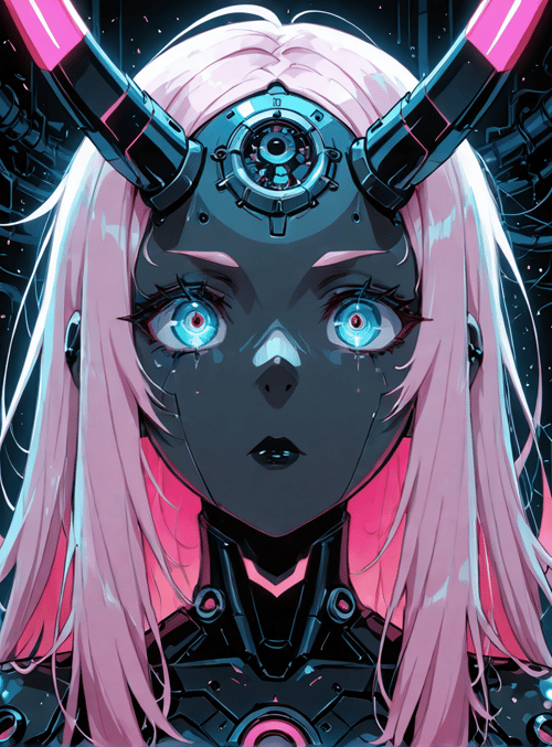 cyberpunk girl, mechanical horns, neon sign, robotic headpiece, skeleton symbols, pipelines