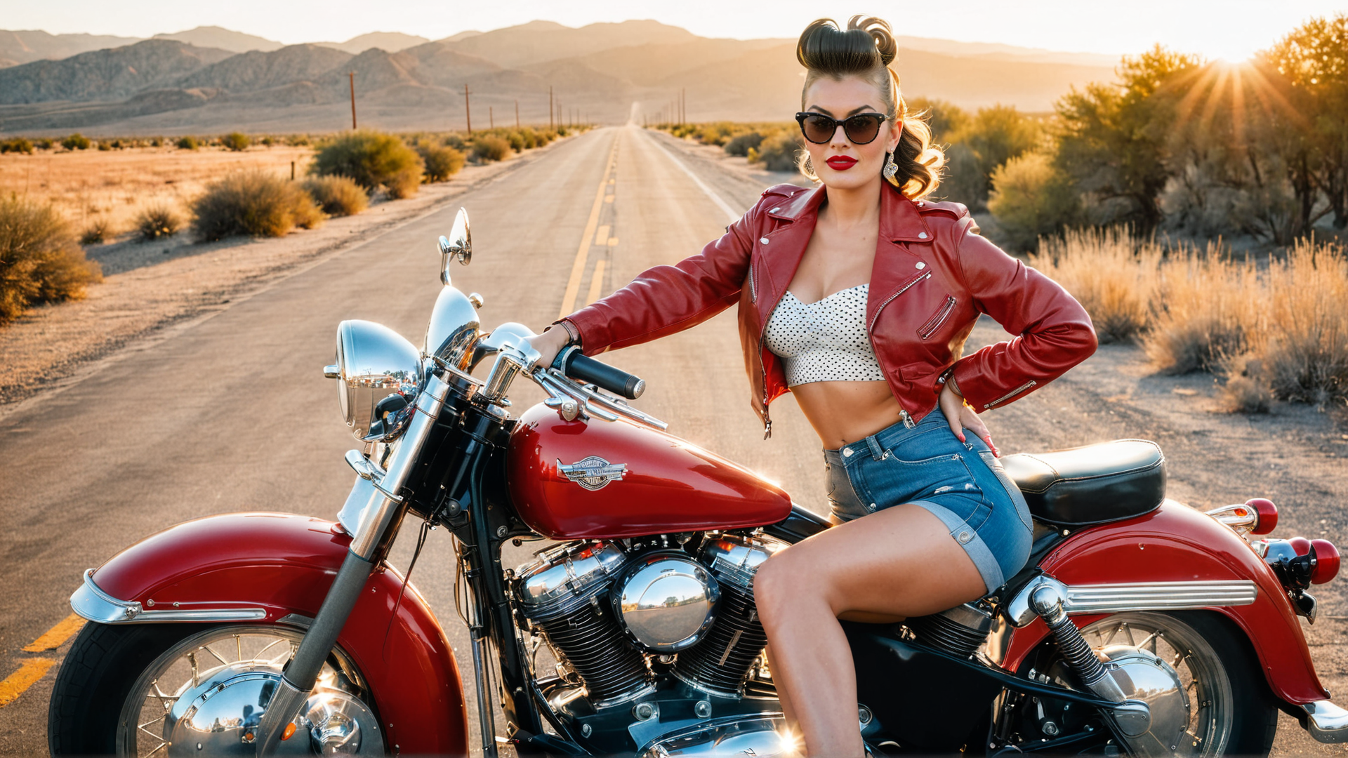 AI generated wallpaper featuring woman, motorcycle
