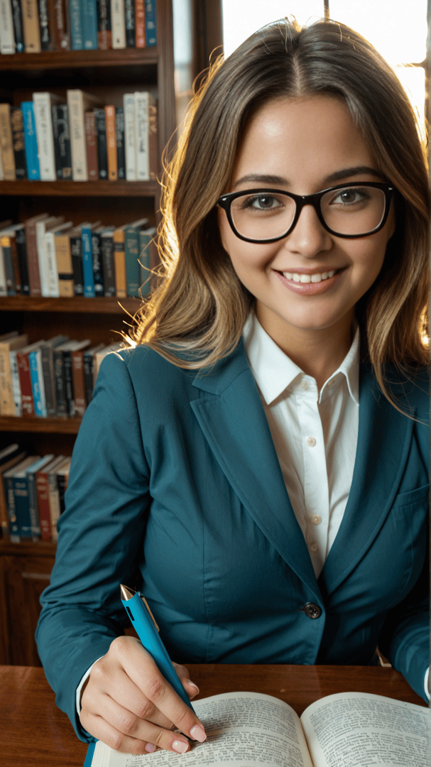 AI generated wallpaper featuring woman, book, pen