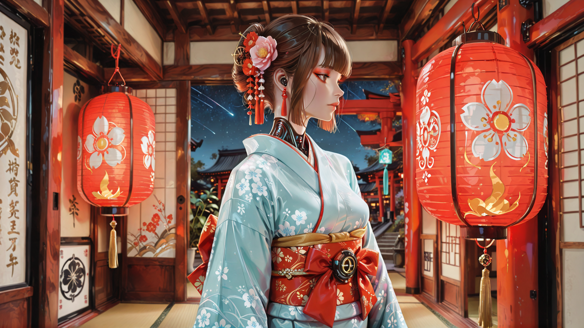 AI generated wallpaper featuring woman, kimono, lantern, flower, traditional, building, japanese