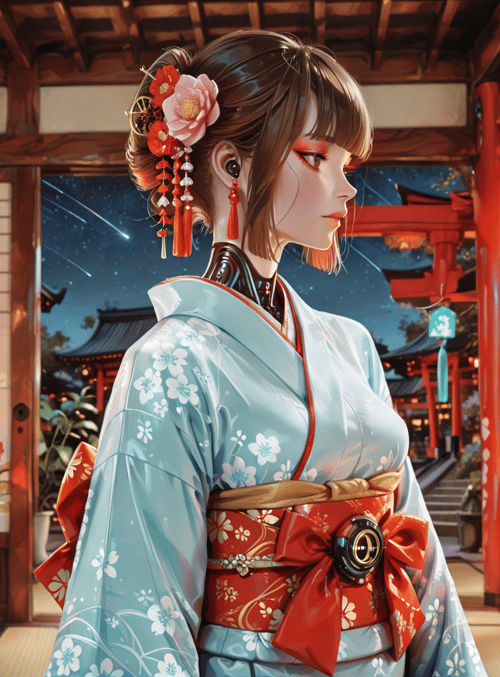 woman, kimono, lantern, flower, traditional, building, japanese