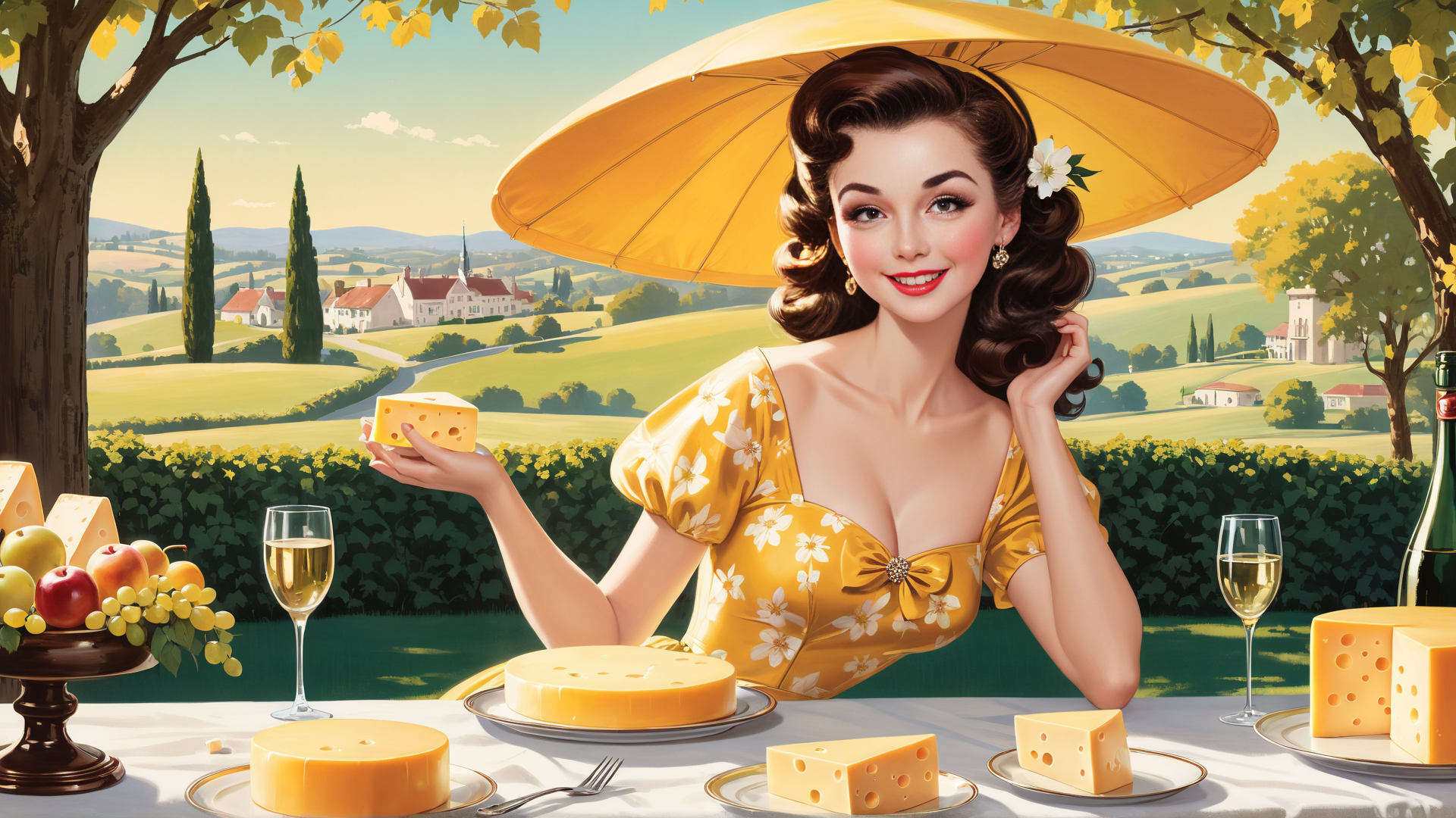 AI generated wallpaper featuring woman, cheese, wine