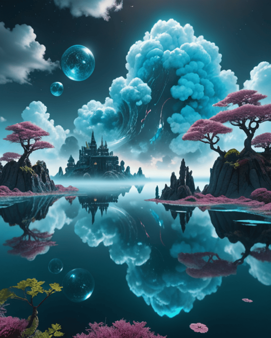 AI generated wallpaper featuring castle, trees, clouds
