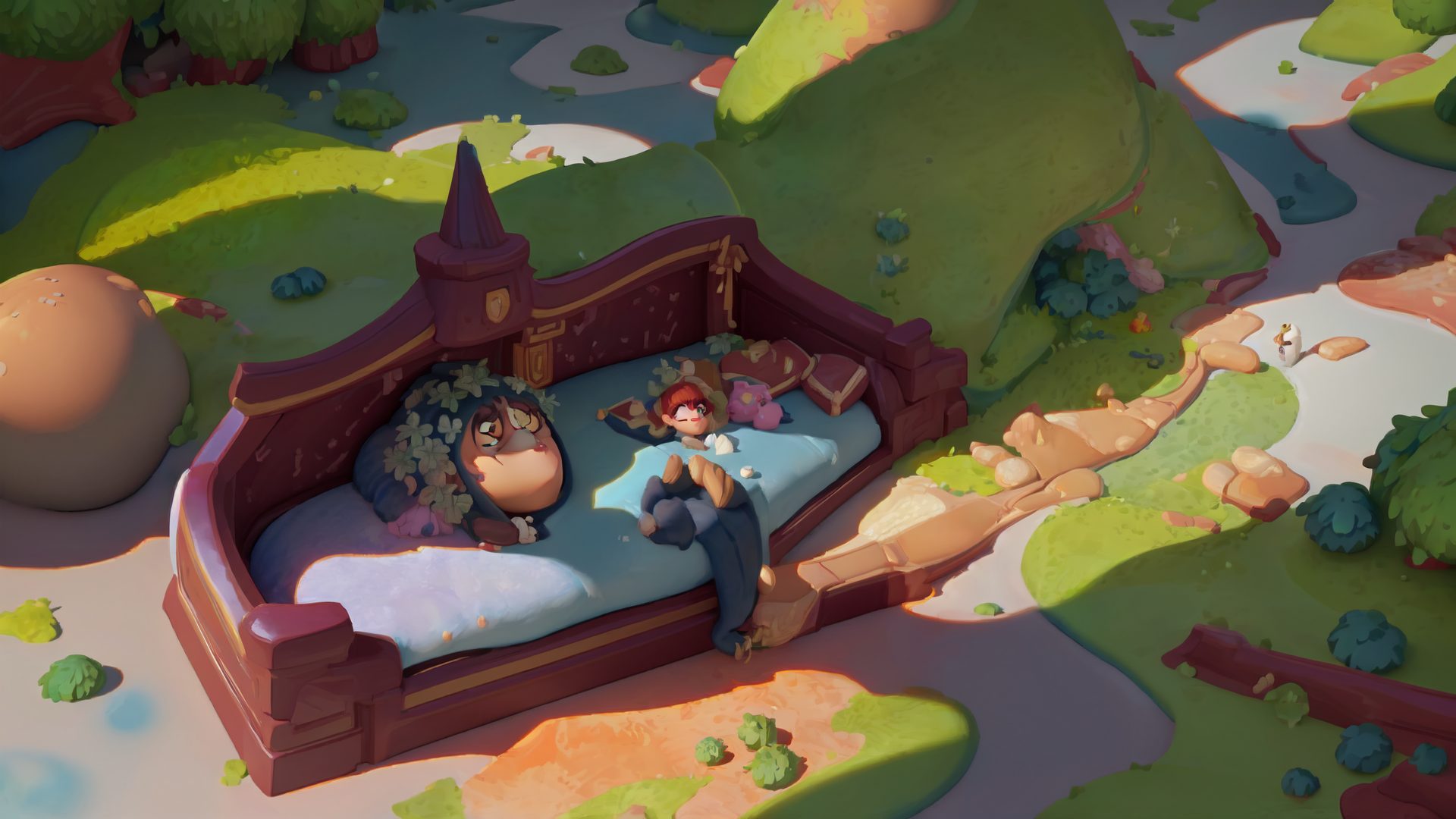 AI generated wallpaper featuring bed, characters, landscape