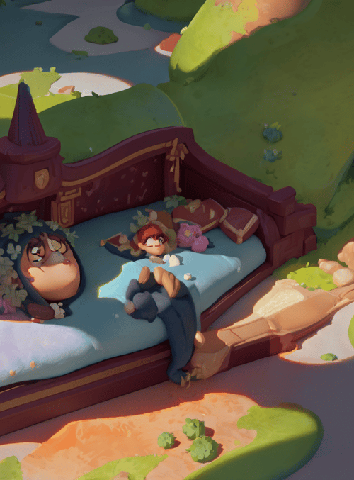 bed, characters, landscape
