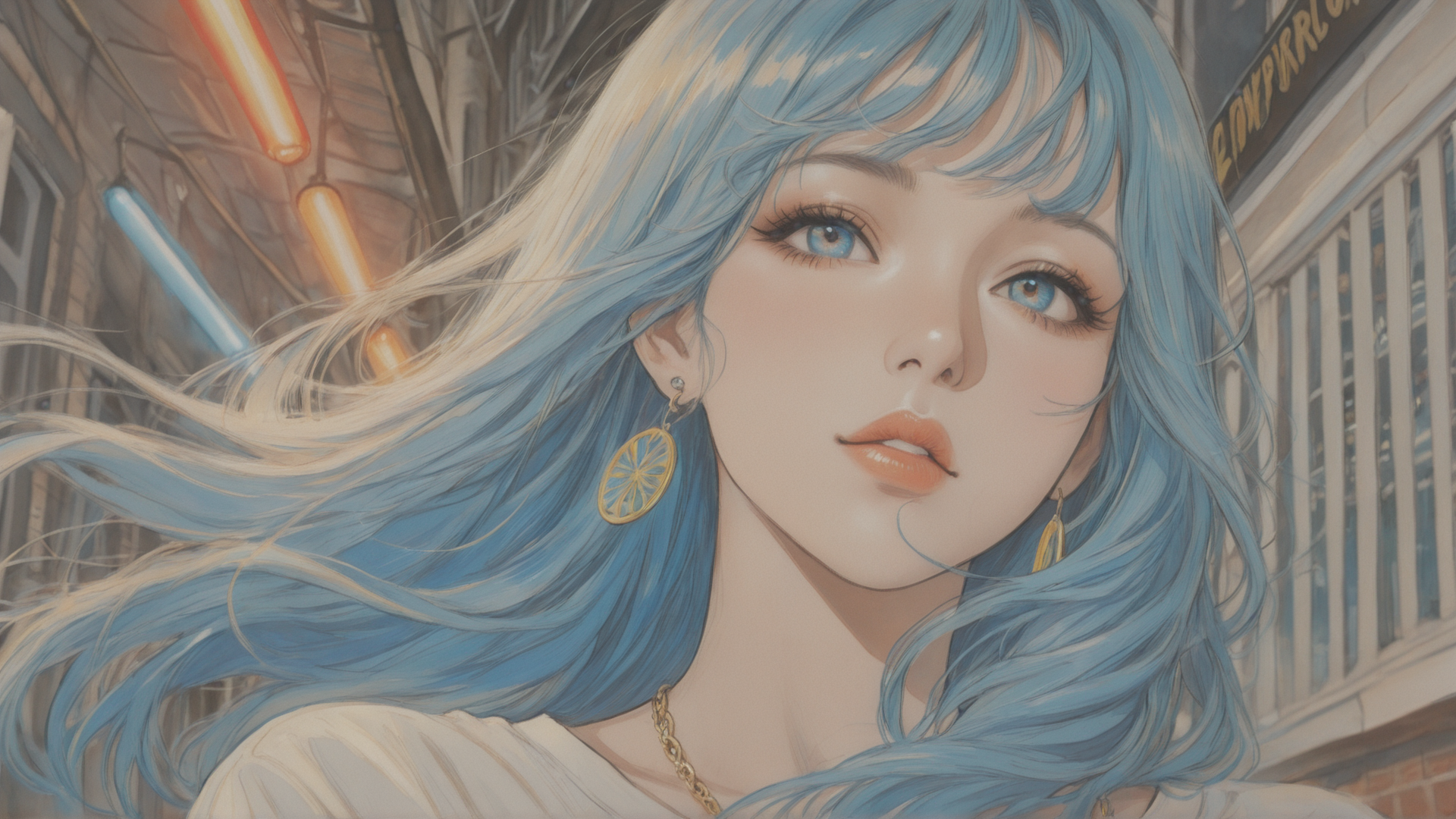 AI generated wallpaper featuring woman, hair, earring, necklace, building, sign