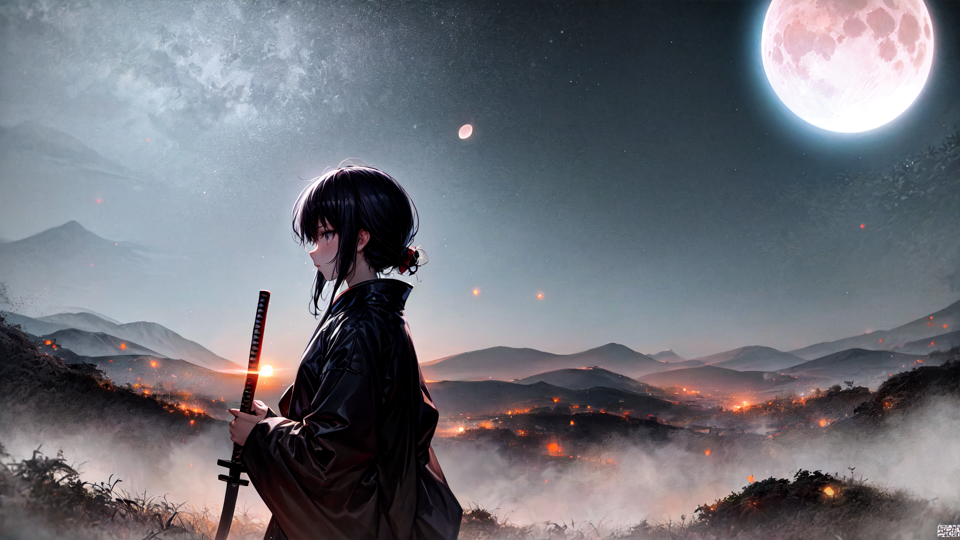 AI generated wallpaper featuring girl, sword, moon