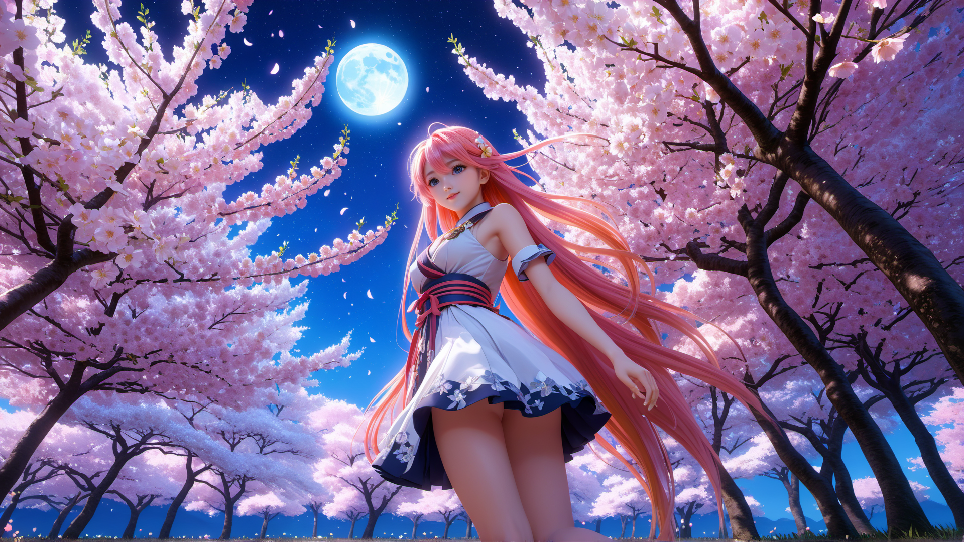 AI generated wallpaper featuring anime girl, cherry blossoms, moon
