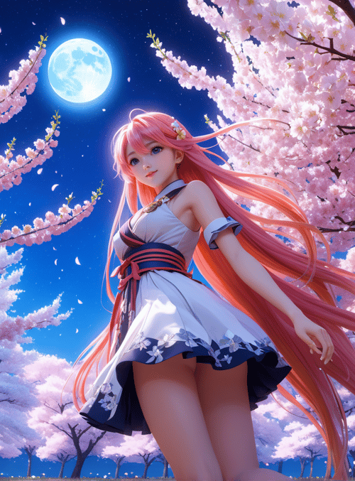 anime girl, cherry blossoms, moon