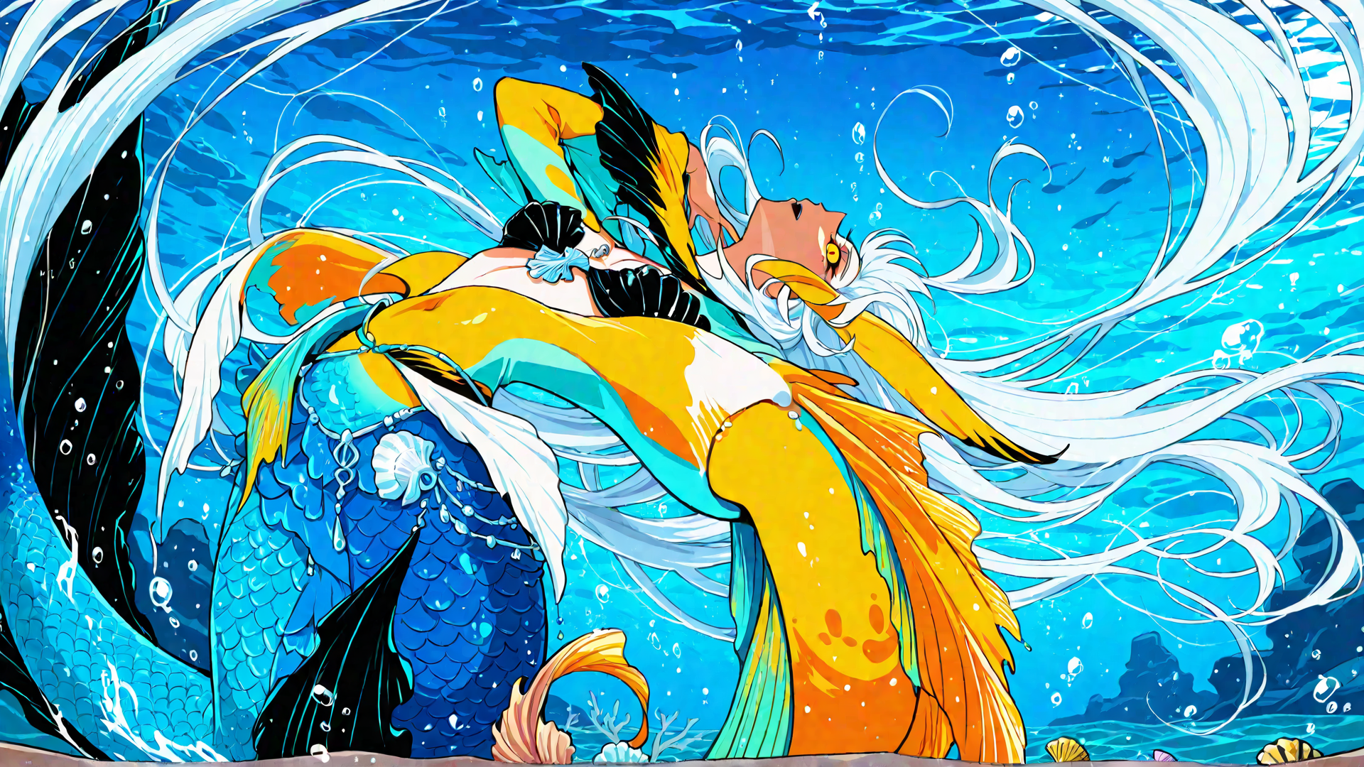 AI generated wallpaper featuring mermaid, fish, water, seashell, bubble, scales