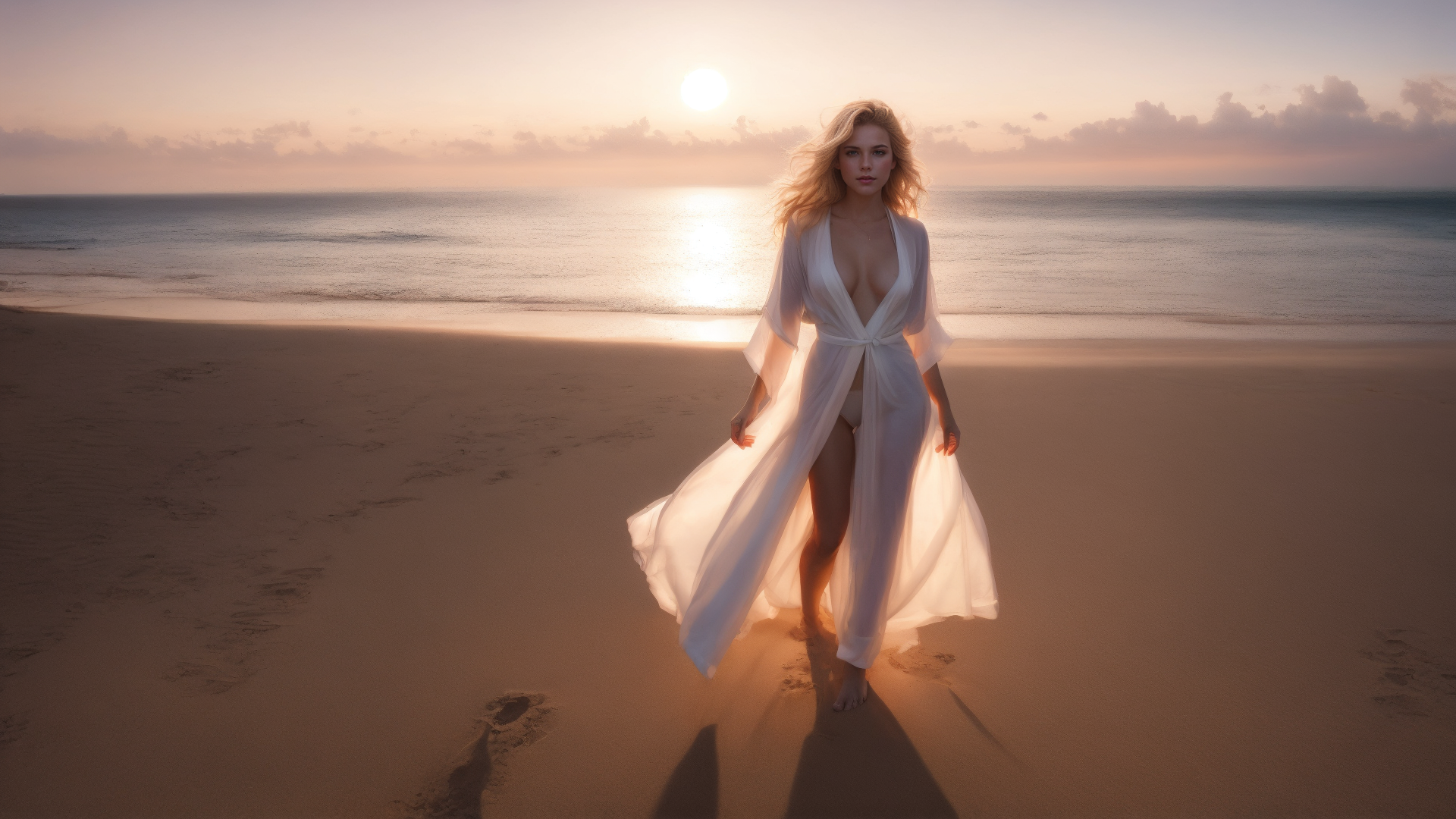 AI generated wallpaper featuring woman, beach, sunset