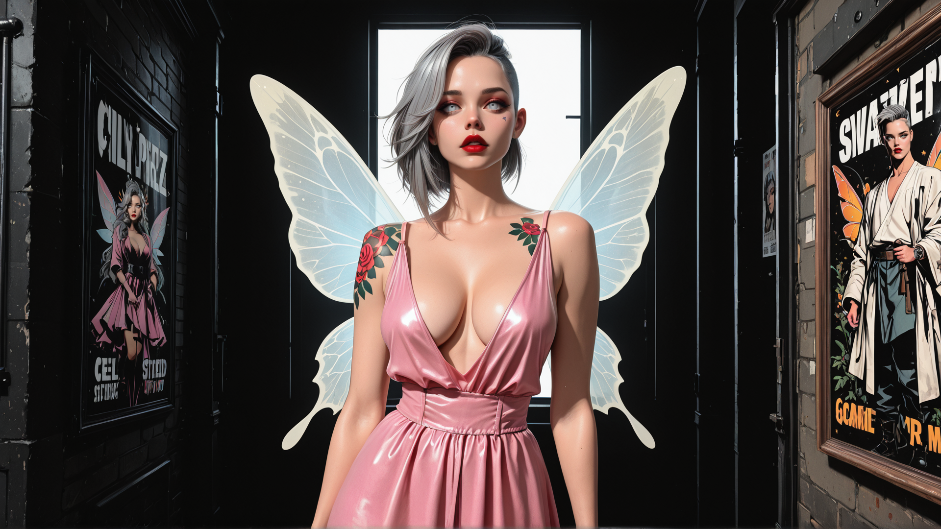 AI generated wallpaper featuring fairy, woman, poster, wing, dress, tattoo