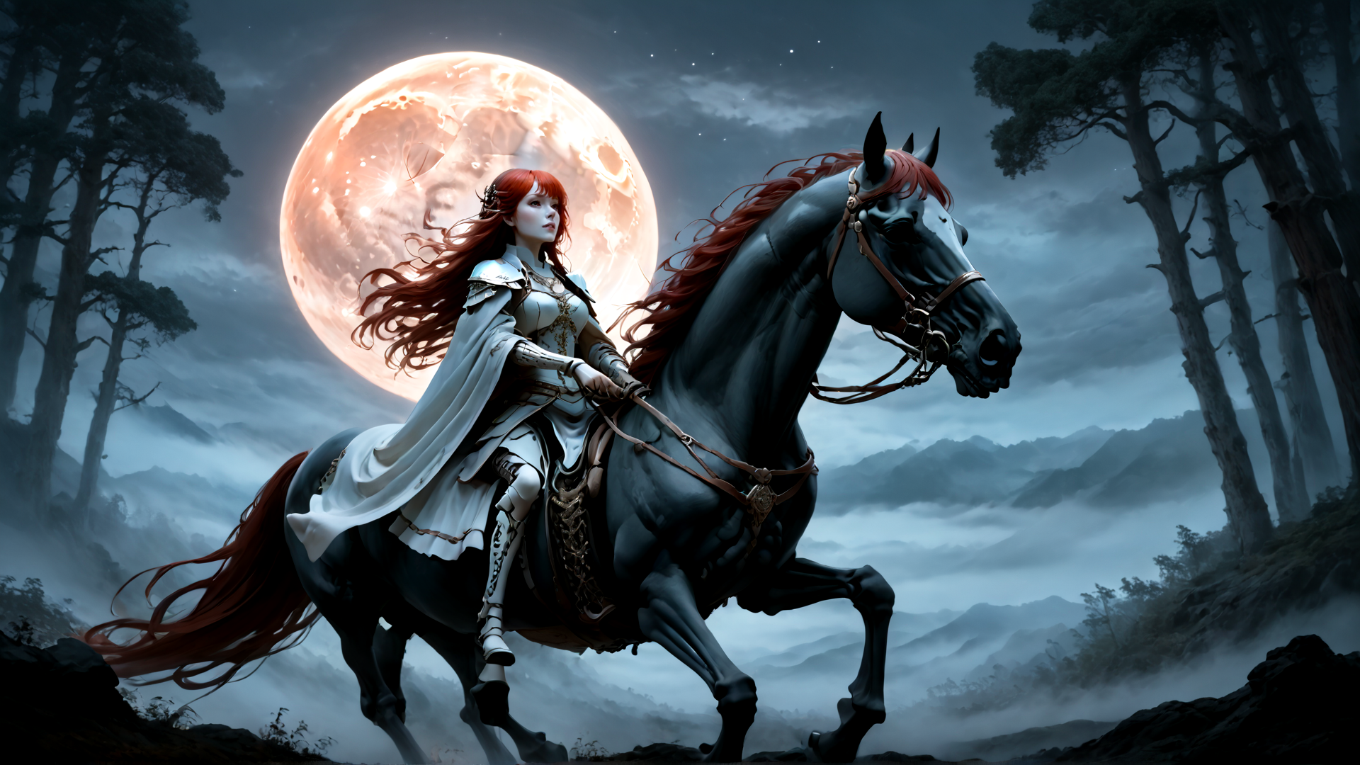 AI generated wallpaper featuring woman, horse, moon, forest, mountain