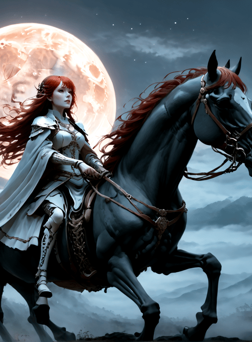 woman, horse, moon, forest, mountain