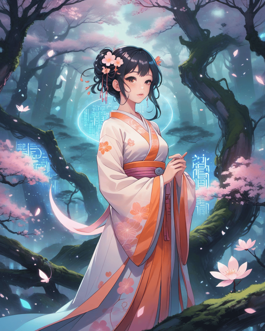 AI generated wallpaper featuring geisha, cherry tree, butterfly