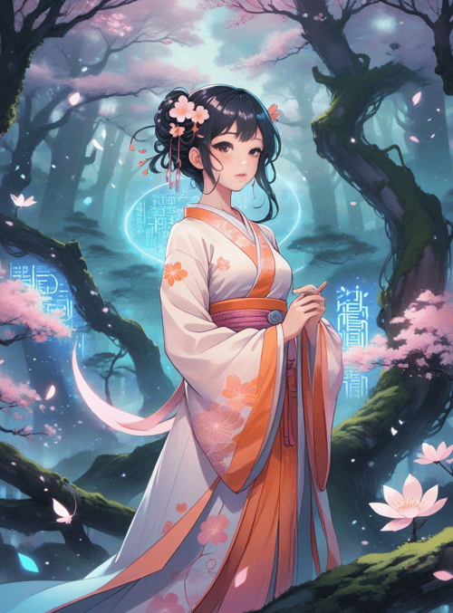 geisha, cherry tree, butterfly