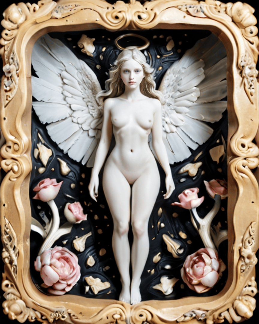 AI generated wallpaper featuring angel, roses, frame