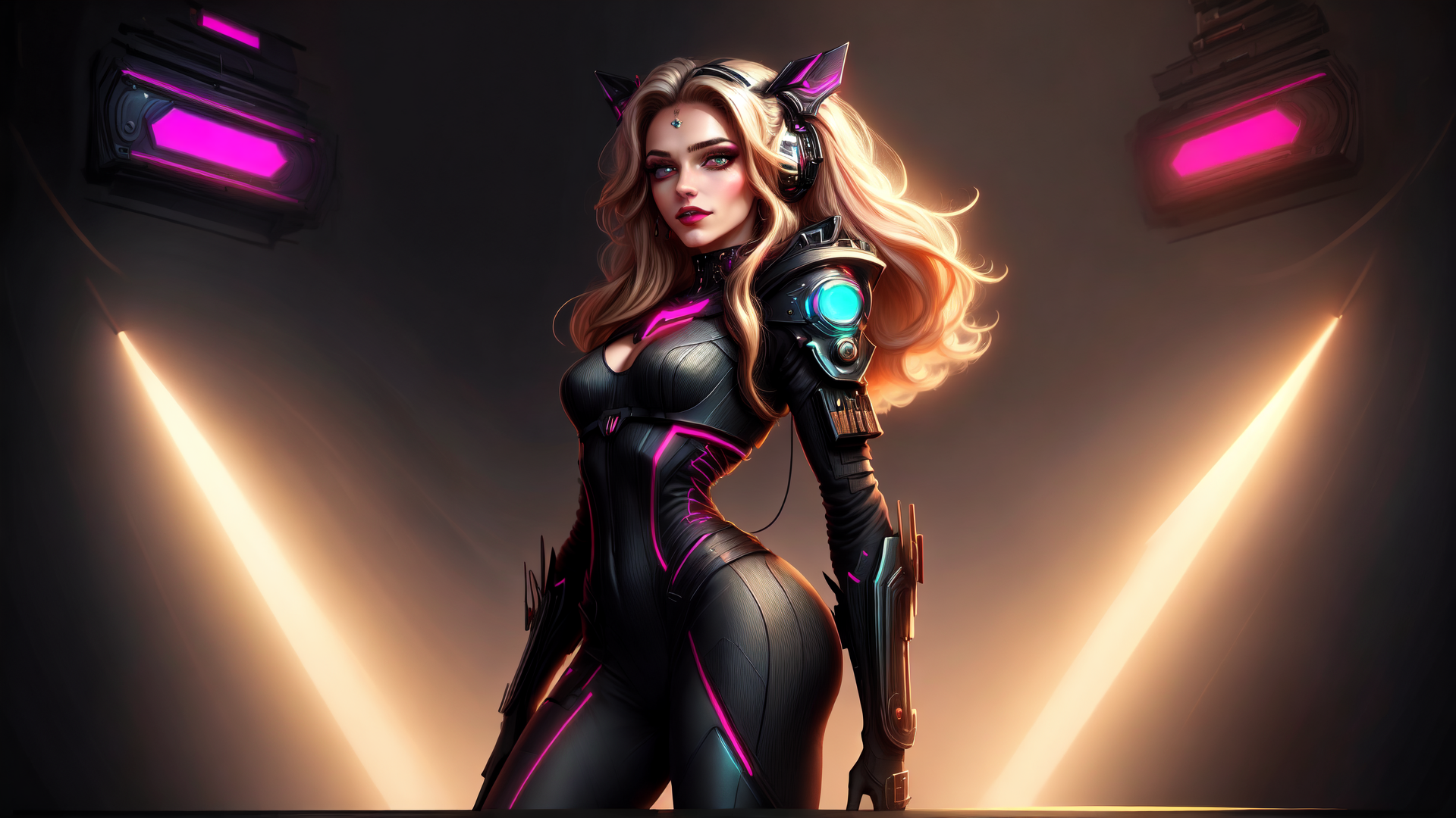 AI generated wallpaper featuring cyberpunk woman, neon armor, futuristic outfit, blonde hair, mechanical ears, glowing lights